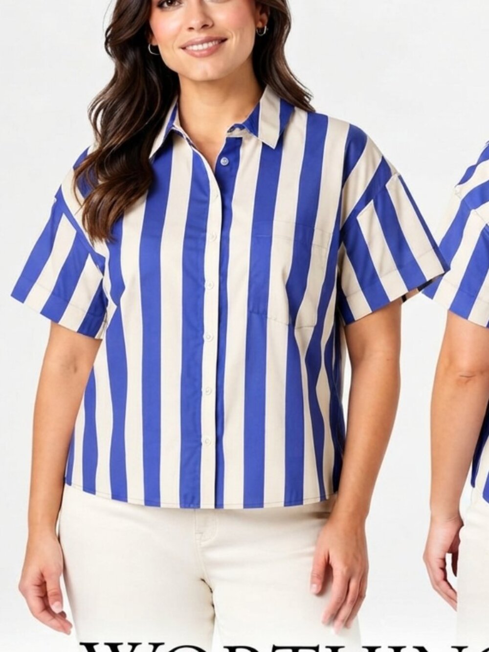 Worthington Striped Cropped Button-Down Shirt Boxy Fit Petite XXL